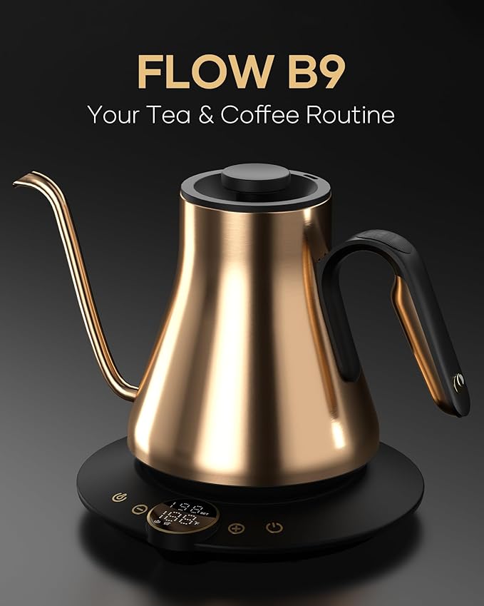 Cocinare FLOW B9 Gooseneck Electric Kettle, Precise Temperature Control for Pour-Over Coffee & Tea Brewing, Stainless Steel Interior, Rapid Heating for Boiling Water 0.9L (Gustav Gold)