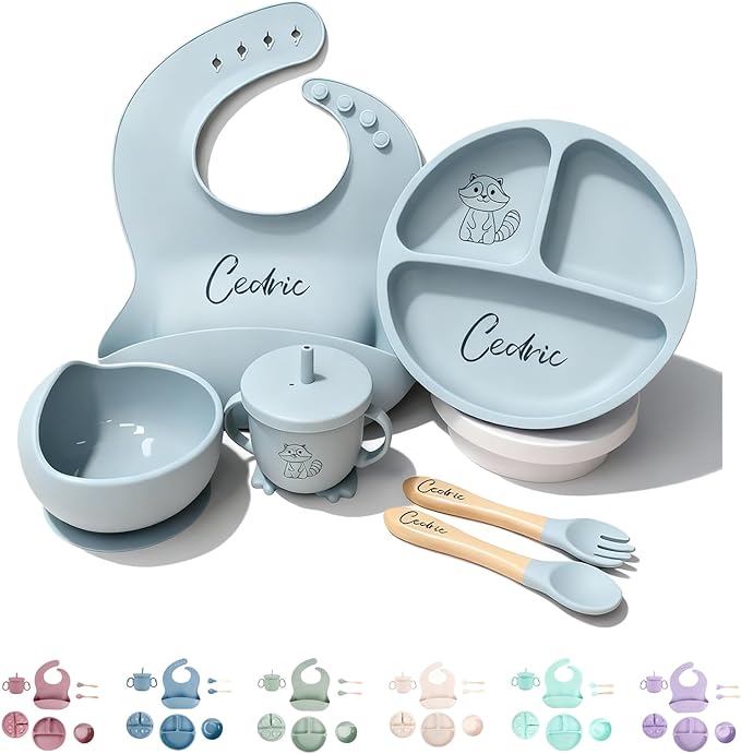 Silicone Feeding Set with Engraved Name for Baby-Led Weaning - Personalized Suction Plate, Bib, Utensils Eco-Friendly, BPA-Free Toddler Essentials - Newborn Shower Gift (6pc set)