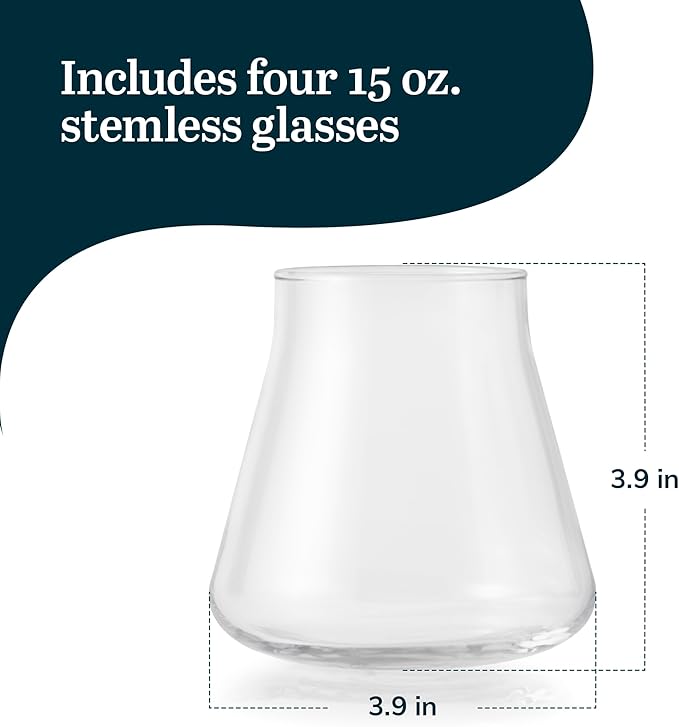 Libbey Magnitude Stemless Wine Glasses Set of 4, Tulip Shaped 12 Oz Stemless Wine Glasses, Modern Stemless Glass Tulip Bowl for Wine, Cocktails