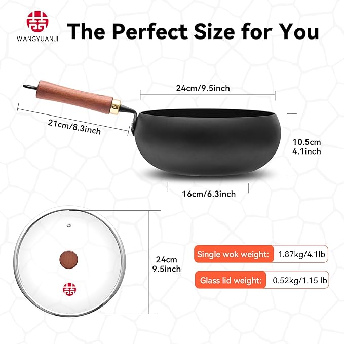 WANGYUANJI 9.5" Carbon Steel Wok - [Heavy-Duty & Thickened Base] - Deep Bowl Stir Fry Pan for Induction, Electric & Gas - Warp-Resistant, Splatter-Free Design with Lid (1-2 Person)