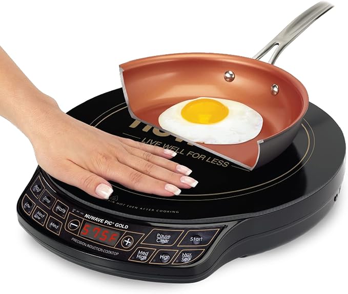 Nuwave Gold Precision Induction Cooktop, Portable, Large 8” Heating Coil, 12” Shatter-Proof Ceramic Glass Surface, 3 Wattage Settings 600, 900, and 1500 Watts, 9” Duralon Non-Stick Fry Pan Included
