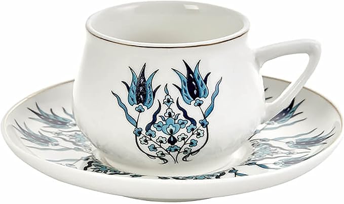 KARACA Iznik New Form Turkish Coffee Cup Set of 6, (12 Piece) Cups with Saucers - 3.3 fl oz Small Porcelain Espresso Set - Ideal for Serving Greek, Arabic Coffee