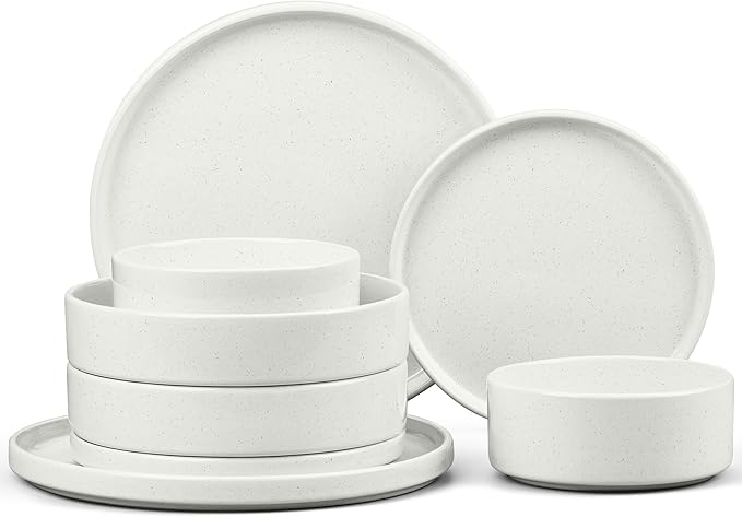 E-far 8-Piece Plates and Bowls Sets - Stoneware Dinnerware Sets with Pasta Bowls for 2 | Microwave & Dishwasher Safe Kitchen Modern Dish Set, Speckled White