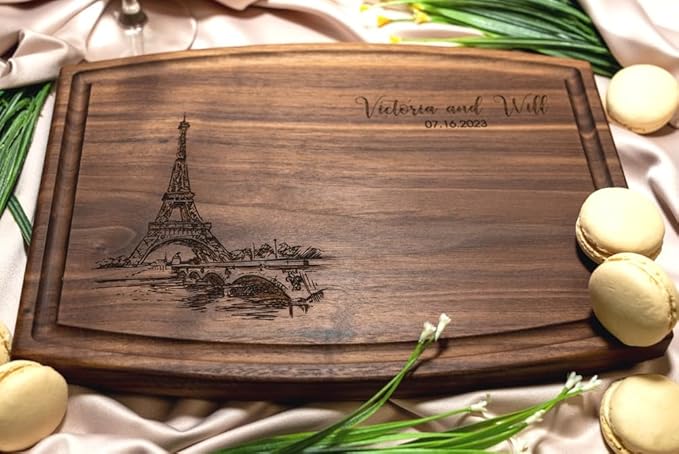 Personalized Cutting Board, Custom Wedding, Anniversary or Housewarming Gift Idea, Wood Engraved Charcuterie, for Friends and Couples, Paris Eiffel Tower Design 047