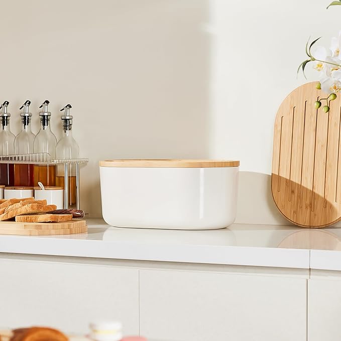 HouseJoy Large Bread Box for Kitchen Countertop,Fiber Bread Box With Thick Cutting Board Lid-Includes,White Bread Storage for Homemade Container,Corner Bread Holder for Toast Bagel Donut Cookies