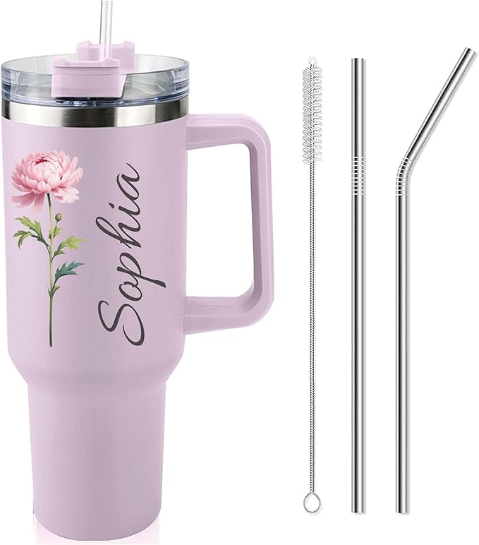 Ships Next Day,Birth Flower 40 Oz Tumbler with Handle and Straw, Personalized Tumbler with Name Insulated Cup Reusable Stainless Steel Water Bottle Travel Mug Christmas Birthday Gifts for Women