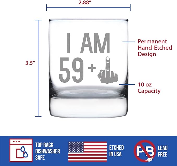Bevvee 59 + 1 Middle Finger - Funny 60th Birthday Whiskey Rocks Glass Gifts for Men & Women Turning 60 - Fun Whisky Drinking Tumbler