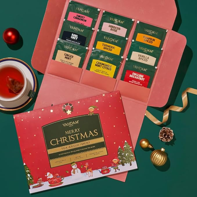 VAHDAM, Merry Christmas Tea Gift Set (9 Individually Wrapped Tea Bags) Limited Edition -Gluten Free, Non GMO | Christmas 2026 Gift Ideas | Christmas Gifts For Women 2026 & Christmas Gifts For Men 2026