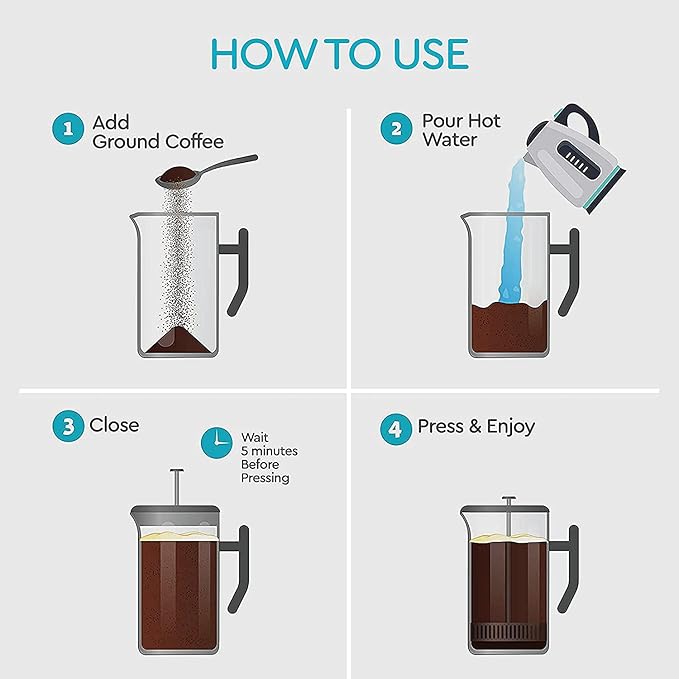 Belwares French Press Coffee Maker 50oz - 304 Stainless Steel Insulated Coffee Press, Double-Wall Heat Resistant Design with 4-Level Filtration System, Rust-Free & Dishwasher Safe (1.5 Liter), Silver