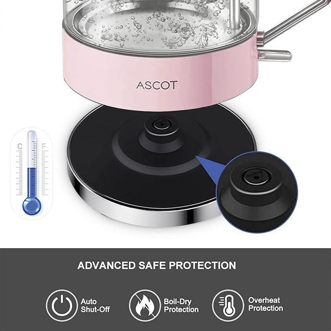 Electric Kettle, ASCOT Glass Electric Tea Kettle 1.5L 1500W Retro Tea Heater & Hot Water Boiler, No Plastic, BPA-Free, Cordless, with Auto Shut-Off and Boil-Dry Protection (Pink)