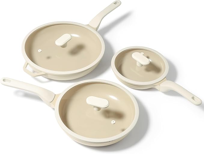 PRICUSIS 8Pcs Nonstick Ceramic Frying Pan Set, 8+10+12 Inch Induction Compatible with Stay Cool Handle, Fully Coated, 100% Dishwasher Safe, Healthy PTFE PFAS & PFOA Free Omelet Pans (Coconut White)