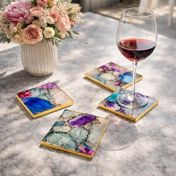 Set of 4 - Hanmade Luxury Natural Agate Stone Drink Coasters for Serveware, Wine Coasters, Table Decor, Housewarming Gift, Wedding Gift & Elegant Home Styling, Gifts for her, Table Organizers