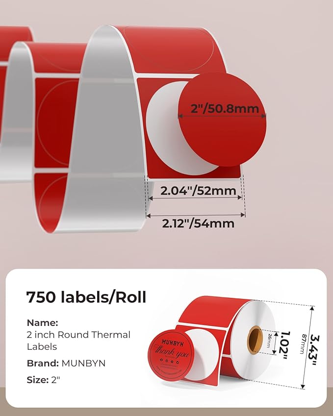 MUNBYN 2 Inch Red Round Thermal Labels, Multi-Purpose Self-Adhesive Circle Thermal Label Stickers for Business, 750 Sheets/1 Roll