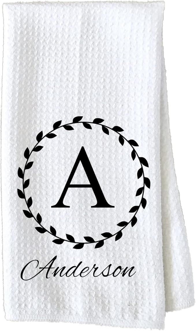 Personalized Kitchen Towel | Custom Tea Towel | Family Name Dish Towel | Kitchen Decor | Hand Towel | Housewarming Gift | Monogram Dishcloth (Wreath 6)