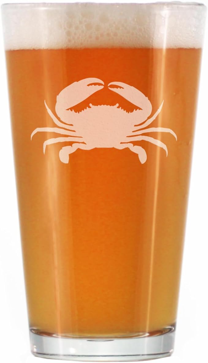 Bevvee Crab Pint Glass for Beer - Beach Themed Decor and Gifts for Ocean Lovers - Engraved Silhouette - 16 Oz Glasses