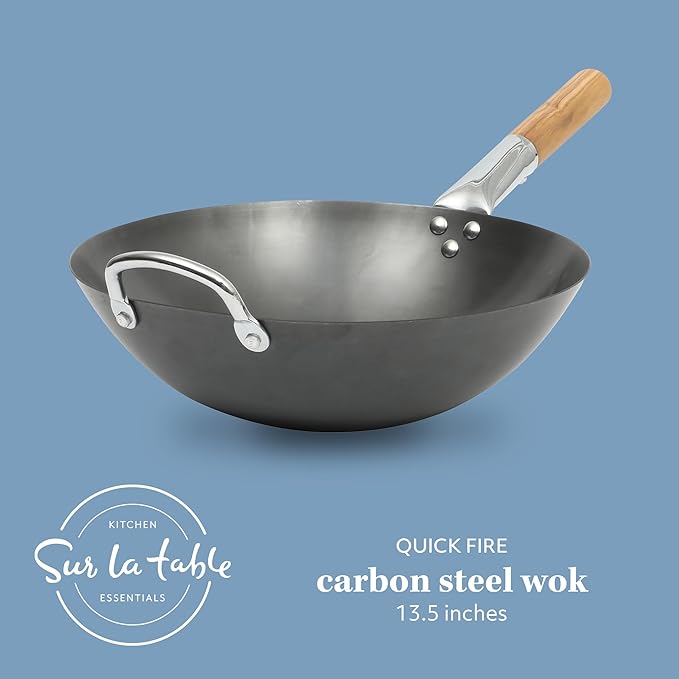 SUR LA TABLE Kitchen Essentials Quick Fire 13.5" Carbon Steel Flat Bottom Wok – Durable Nonstick Stir Fry Pan