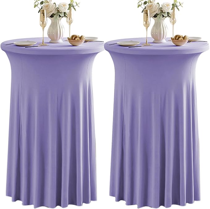 Qubjus 2 Pack Round Cocktail Table Covers with Skirt Stretch Spandex Tablecloth 24"x43" Cocktail Round Tablecloth for Party Wedding Birthday Banquet, Light Purple