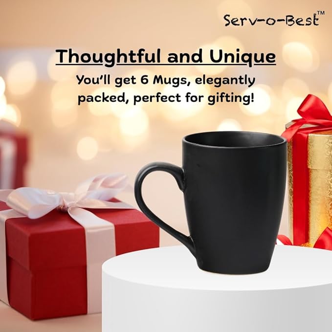 Servo Best Black Coffee Mug Set of 6 with 12 oz Capacity Ceramic Matte Black Mugs, Lead & Toxic Free, Dishwasher & Microwave Safe, Mug Gifts For Home & Office Party, Hot & Cold Coffee