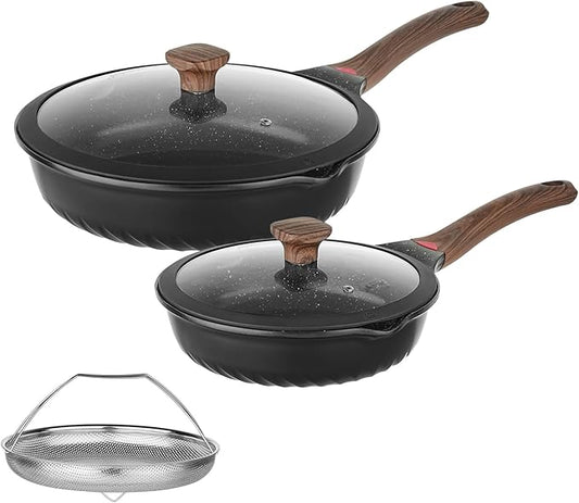 Vinchef Non Stick Frying Pans Set,10" & 12" Ceramic Pan with Lid, Deep Frying Pan & Saute Skillet, PFAS PFOA & PTFE Free, Visual Heat Indicator, Induction Ready, Frying Pans Nonstick Skillet with Lid