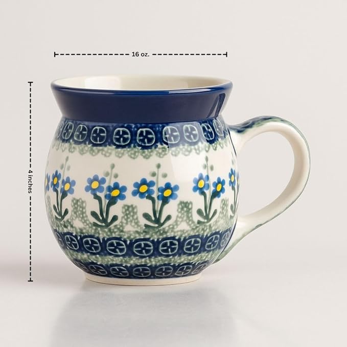 Blue Rose Polish Pottery - Blue Posy Bubble Mug - 16 oz - Unique Shape Mug for Coffee & Tea