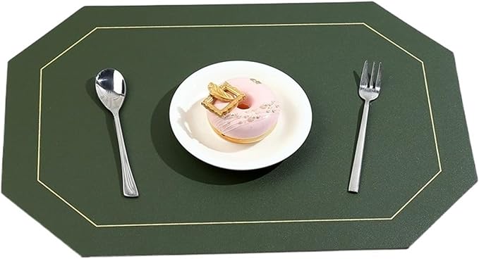 Placemat for Dining Table Waterproof Non-Slip Octagonal Leather Place Mat Kitchen Accessories Coaster Cup Pad Two Sided Color(Dark Green)
