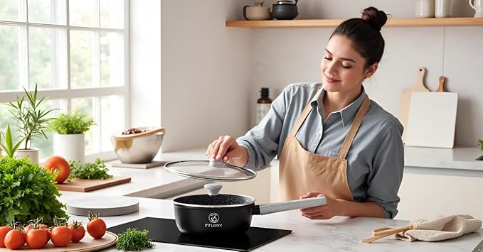 15-Piece Nonstick Cookware Set, Pots and Pans with Ceramic Coating, PFOA Free, Induction Ready with Stay-Cool Handles, Dishwasher Safe, Works with All Stovetops, Black/Grey Speckle