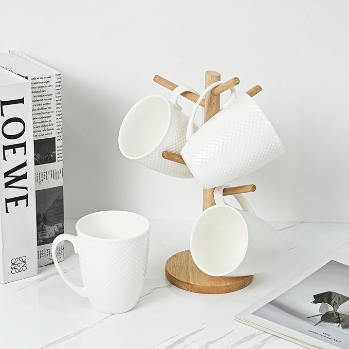 12 Oz White Coffee Mugs Set of 4, Fine Bone China Mugs, White Ceramic Coffee Cups Set, Rhombus Relief Texture, Lightweight Tea Mugs for Latte, Hot Cocoa, Women, Men