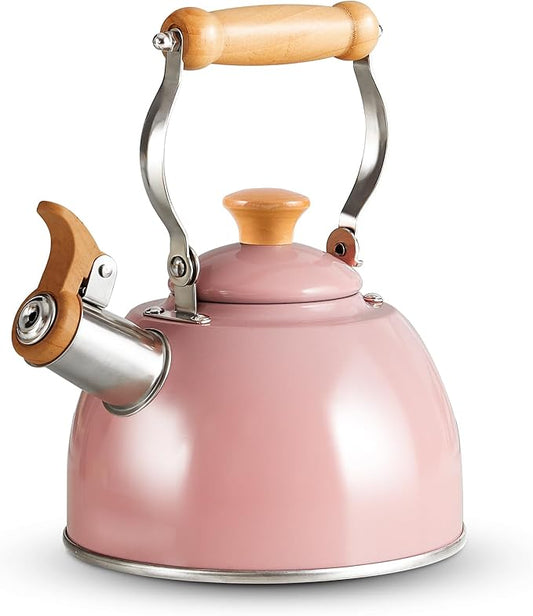ROCKURWOK Tea Kettle, Tea Pot with Cool Touch Ergonomic Handle, Teapot Food Grade Stainless Steel, Tea Kettle Stovetop, Kettle Teapot, Whistling Tea Kettles, Small Tea Pot, 1.6 Quart (Pink)