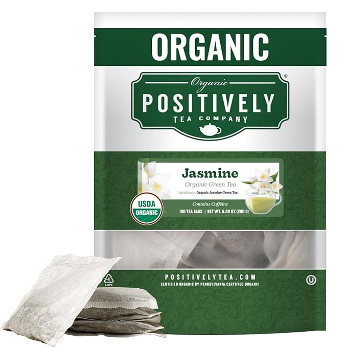 Organic Positively Tea Company, Jasmine Green Tea Bags, 100 Count, Eco-Friendly Tea Bags, Non-GMO