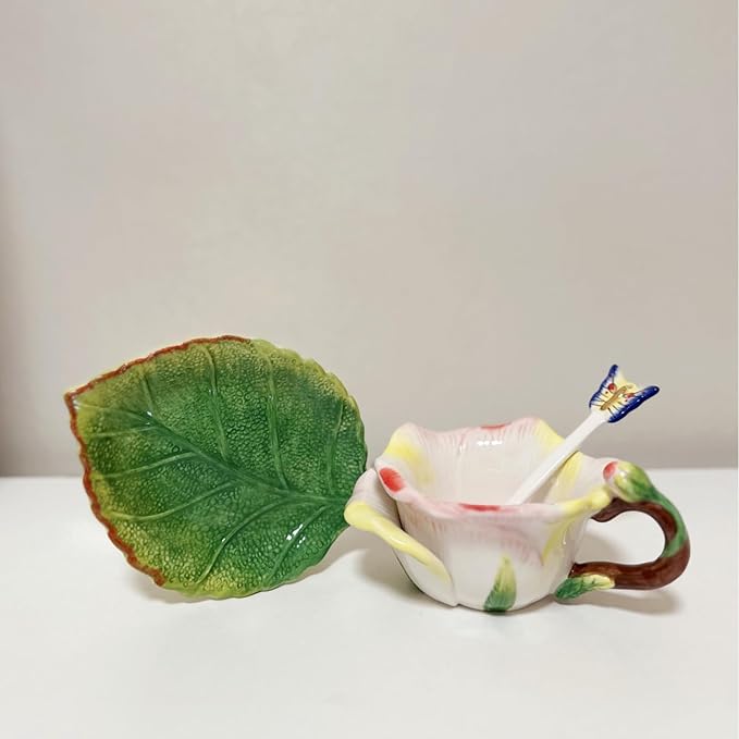 Ceramic Tea Cup and Saucer Set ，6OZ 3D Hand-Painted Flower and Lotus Leaf Coffee Mug，Gift for Women- Champagne Rose