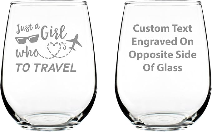 Custom Girl Who Loves To Travel - Personalized Stemless Wine Glass - Gifts for Travelers Women - Large 17 Ounce Glasses - Customized Wine Glass Gift