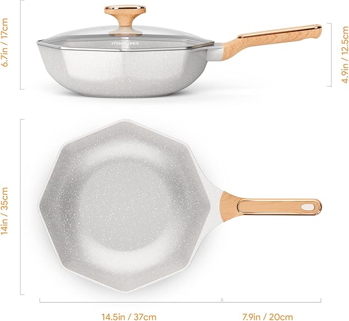 Ceramic Nonstick Octagonal Wok 12.5 inch Die-cast Induction Woks and Stir Fry Pans with Glass Lid PFOA Free (Cream White)