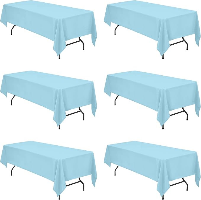 BRILLMAX 6 Pack Light Blue Tablecloths 60 x 126 Inch for 8ft Rectangle Tables - 150 GSM Polyester Fabric, 15" Standard Drop, Water, Stain & Wrinkle Resistant Cloth Cover for Wedding Dining Buffet