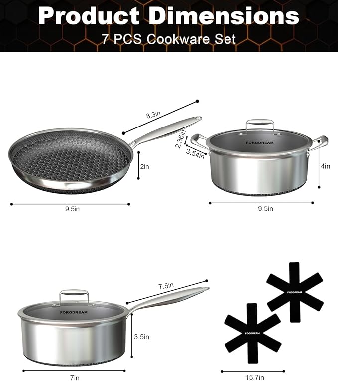 FogDream Stainless Steel Cookware, Tri Ply Pots And Pans Set, Non Stick Frying Pans, Soup Pot & Sauce Pan With Tempered Glass Lids, Cool Handles, Dishwasher Safe, Induction Compatible, Silver