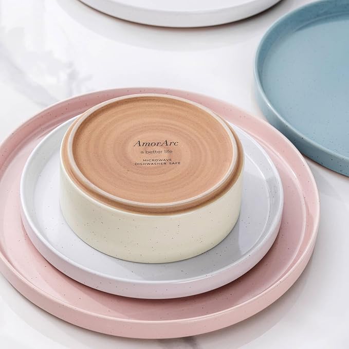 AmorArc Ceramic Dinnerware Set for 4 | Handpainted Stoneware Plates and Bowls with Rustic unglazed terracotta | Scratch Resistant, Dishwasher & Microwave Safe Dishes Sets- 12-Pcs Colorful