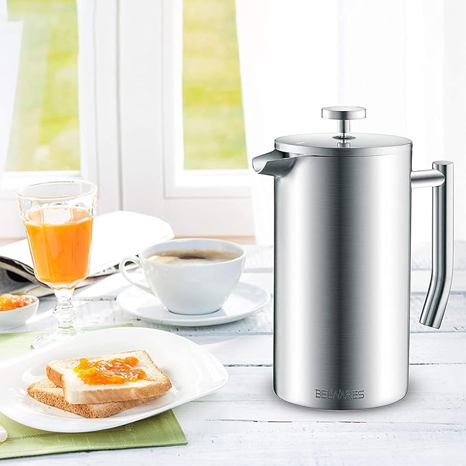 Belwares French Press Coffee Maker 50oz - 304 Stainless Steel Insulated Coffee Press, Double-Wall Heat Resistant Design with 4-Level Filtration System, Rust-Free & Dishwasher Safe (1.5 Liter), Silver