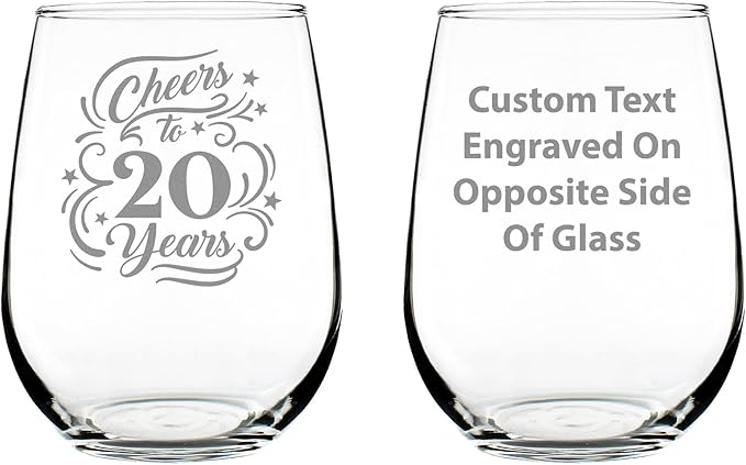 Custom Cheers to 20 Years - Personalized Stemless Wine Glass Gifts for Women & Men - 20th Anniversary or Birthday Party Decor - Large 17 Ounce Glasses - Customized Wine Glass Gift