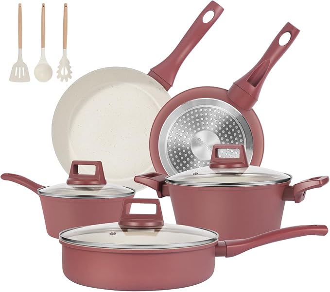 Pots and Pans Set Non Stick, 11-Piece Nonstick Induction Cookware Set, Non-Toxic Kitchen Cooking Set with Frying Pans, Saucepan, Stock Pot, PFOA Free, Red Brown