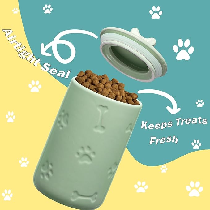 Dog Treat Container Airtight - 9"x5" Green Large Ceramic Dog Treat Jar for Kitchen Counter, Dog Cookie Jar with Lid - Farmhouse Style Dog Food Storage Container for Dogs, Cats, Pets