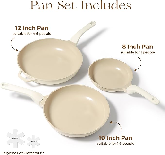 PRICUSIS 5Pcs Nonstick Ceramic Frying Pan Set, 8+10+12 Inch Induction Compatible with Stay Cool Handle, Fully Coated, 100% Dishwasher Safe, Healthy PTFE PFAS & PFOA Free Omelet Pans (Coconut White)