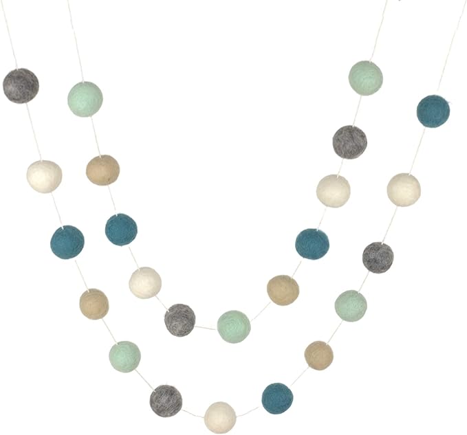 Teal, Seafoam, Almond, Gray, White Felt Ball Garland- 6 ft String with 24 Adjustable Balls, Measuring 1" Each - Handmade Wool Felt Ball Garland