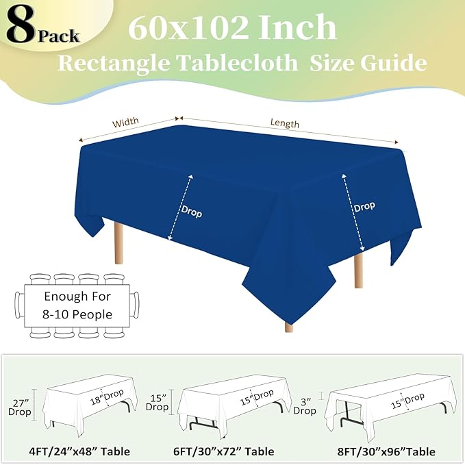 8 Pack Royal Blue Table Cloth 60x102 Inch Rectangle Tablecloths for 6 Foot Rectangle Tables, Wrinkle Resistant Washable Polyester Fabric Rectangular Table Cover for Dining Banquet Wedding Party