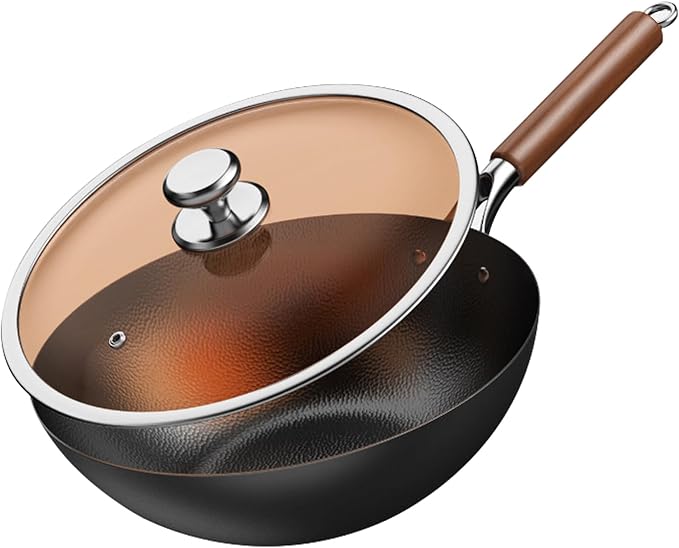 Titanium Hammered Wok with Lid, Pre-Seasoned Cast Iron Nonstick Stir-Fry Pan, Flat Bottom Wok, Scratch-Resistant Non Stick Titanium Pans for Cooking,12.6IN