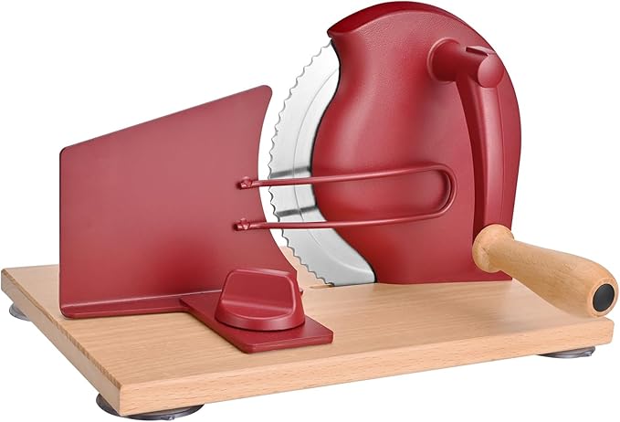 Manual Bread Slicer with Hand Crank, Classic Home Bread Slicer for Homemade Sourdough, Rotary Slicer with Adjustable Thickness, Premium Stainless Steel & Powerful Suction Cups (Red)