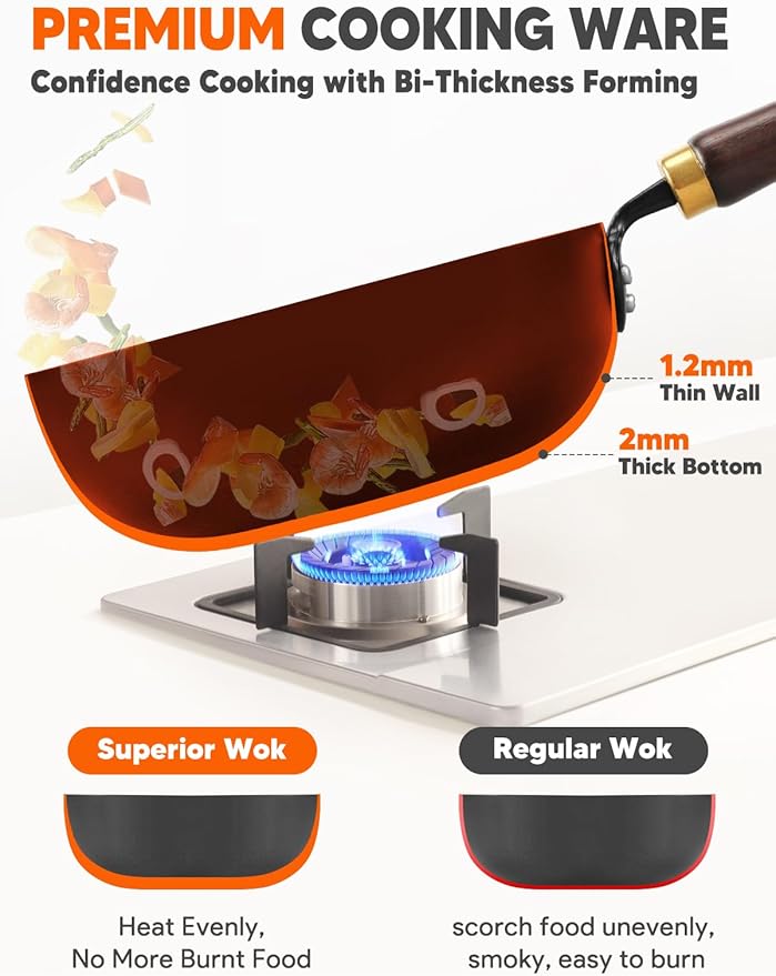Carbon Steel Wok, 9.5" Bi-Thickness Authentic Chinese Woks & Stir-Fry Pans, Saute Pan with Lid, Deep Fry Pan Flat Bottom Small Wok for 1-2 Servings