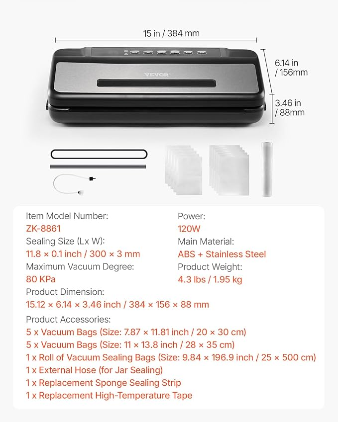 VEVOR Vacuum Sealer Machine, 80Kpa 120W Powerful Compact Food Sealer, 7-in-1 Multi-Functional Food Vacuum Sealer, Automatic Air Sealing System with Built-in Cutter with 10 Vacuum Bags & 1 Bag Roll