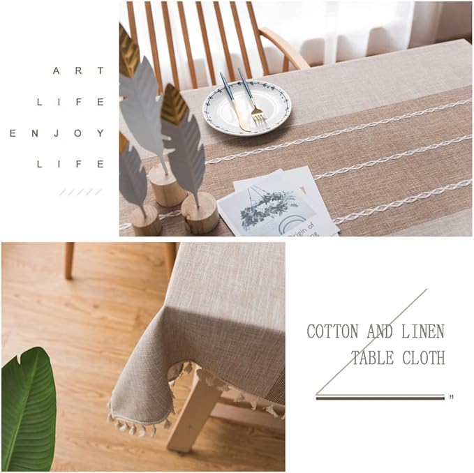 Pahajim Striped Tablecloth Rectangle with Tassels Thick Linen Cotton Table Cloth for Outdoor Picnic Dining and Holiday Kitchen Decor Rectangle/Oblong,55''x87'', 6-8 Seats
