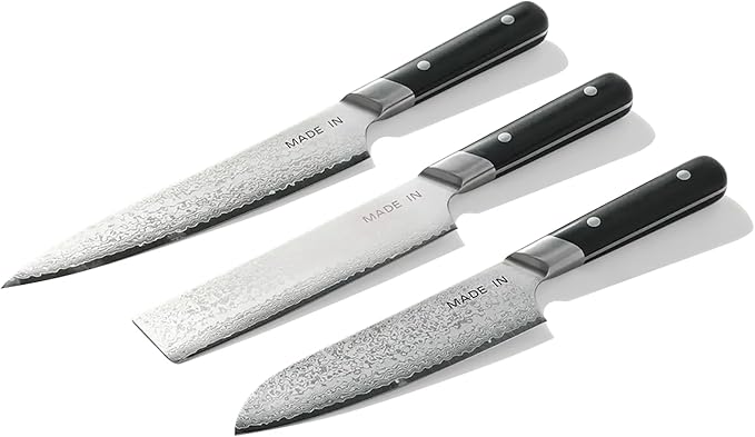 Made In Cookware - 3-piece Japanese Damascus Steel Knife Set (Includes Gyuto, Nakiri and Santoku) - 66 Layers of Damascus Steel with a VG-10 Core - Crafted in Japan - Full Tang With Black POM Handle