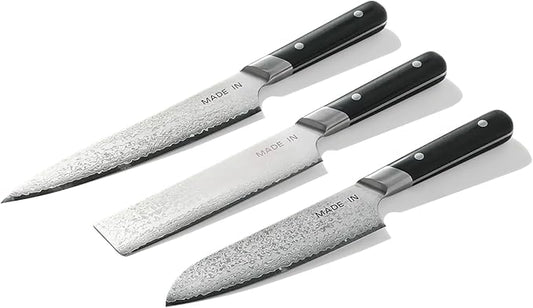 Made In Cookware - 3-piece Japanese Damascus Steel Knife Set (Includes Gyuto, Nakiri and Santoku) - 66 Layers of Damascus Steel with a VG-10 Core - Crafted in Japan - Full Tang With Black POM Handle