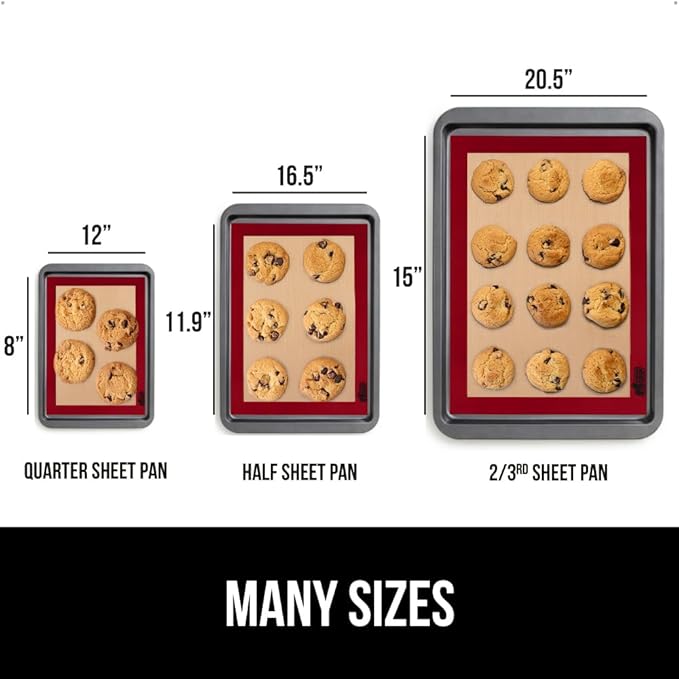 GORILLA GRIP Reusable Nonstick Silicone Baking Mat, 2-Pack, 16.5x11.87, Half Sheet, BPA-Free Oven Safe Food Liner for Cookie Sheets, No Mess Easy Clean Pastry Mats, Holiday Baking Essentials, Red